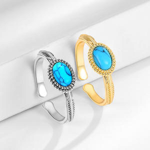 Bague en pierre précieuse turquoise naturelle pour femmes, style ethnique vintage, design ouvert pour l'index, plaqué or 18 carats, rétro géométrique - Product Image 4