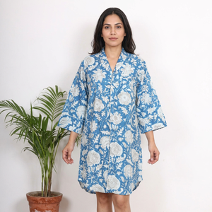 Robe Kimono en Coton pour Femme, Style Bohème, avec Ceinture à Nouer, Tunique Longue Élégante au Design Bleu Clair de Lune, Taille Naturelle - Product Image 1