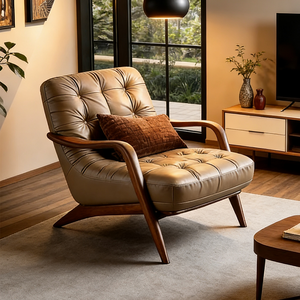 Poltrona in Vera Pelle Stile Nordico Retrò, Seduta Professionale per Sala d'Attesa, Lussuoso Divano Singolo Imbottito - Product Image 1