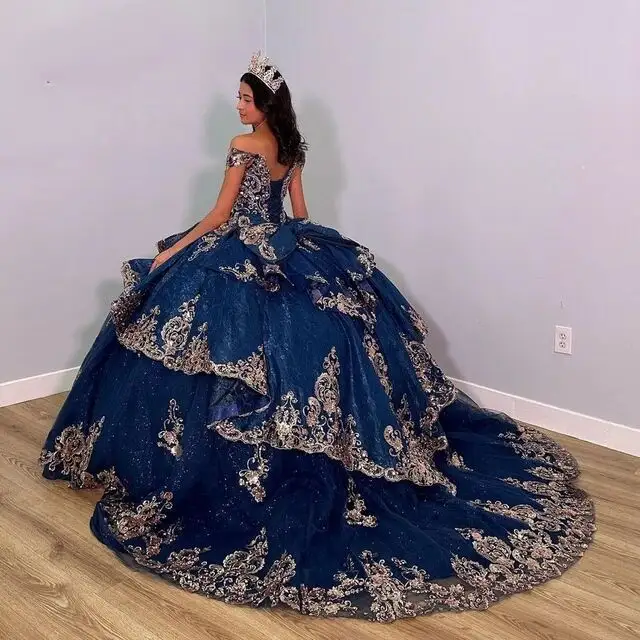 Cenicienta azul Quinceañera vestidos con cuentas Formal Prom 3D flores graduación vestidos princesa Vestidos De 15 Anos MQ721