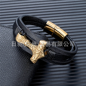 yunnique Thor's Hammer Bracelet Black Leather Magnetic Clasp Viking Style Jewelry Gift - Product Image 3
