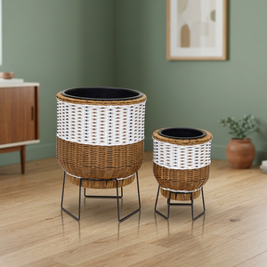 Nouveau design très demandé : Jardinière bombée arrondie en fer et PVC, bicolore contrastant, lot de 2, pour patio et jardin - Product Image 6