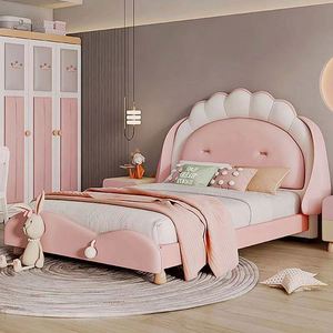 Juego de Dormitorio Infantil de Madera Maciza, Moderno, con Diván de Tamaño Completo, Tapicería de Algodón Cómoda, Color Rosa - Product Image 3