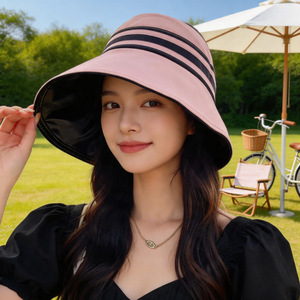 Sombrero de Sol para Mujer, Ala Ancha, Estilo Coreano, con Rayas Negras, Protección UV, Plegable, para Uso en Exteriores de Verano - Product Image 2