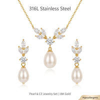 Collier et boucles d'oreilles en or plaqué PVD 18 carats avec perle naturelle et zircon, acier inoxydable 316L, bijoux vintage pour femmes, cadeau OEM