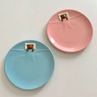 Assiette à dîner en céramique ronde avec motif d'ours mignon, rose et bleue, pour salade, accessoires de cuisine