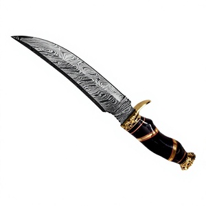 Couteau à lame fixe en acier de Damas avec manche en corne de taureau et accents en laiton pour le camping en plein air, en vente en ligne - Product Image 3