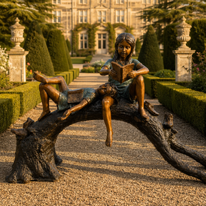 BLVE Garten- und Campus-Dekoration Lebensgroße Bronze-Skulptur von Kindern, die ein Buch auf einem Baumstamm lesen, Bronze-Statue von Kindern, die ein Buch auf einem Baumstamm lesen - Product Image 4
