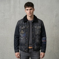 Vestes en jean de luxe sur mesure pour hommes, en denim épais, avec col rabattu, effet vieilli, coupe courte et bords effilochés, noires