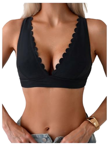 Haut court de bikini pour <span class=keywords><strong>femme</strong></span> en Spandex/Nylon respirant, à col en V, à bretelles croisées, à maintien élevé et à bord festonné, pour le yoga, la plage et comme maillot de bain - Product Image 1