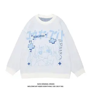 Sweater Pullover wanita Anime Jepang, Sweater Pullover lengan panjang, Sweater longgar musim gugur, Sweater Anime Jepang untuk wanita