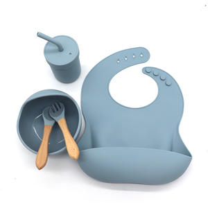 Ensemble d'alimentation pour bébé en silicone 5 pièces, cuillères pour bébé, bol à ventouse, assiette compartimentée, bavoir, tasse, brosse à doigts, ustensiles pour la première étape de l'alimentation - Product Image 4