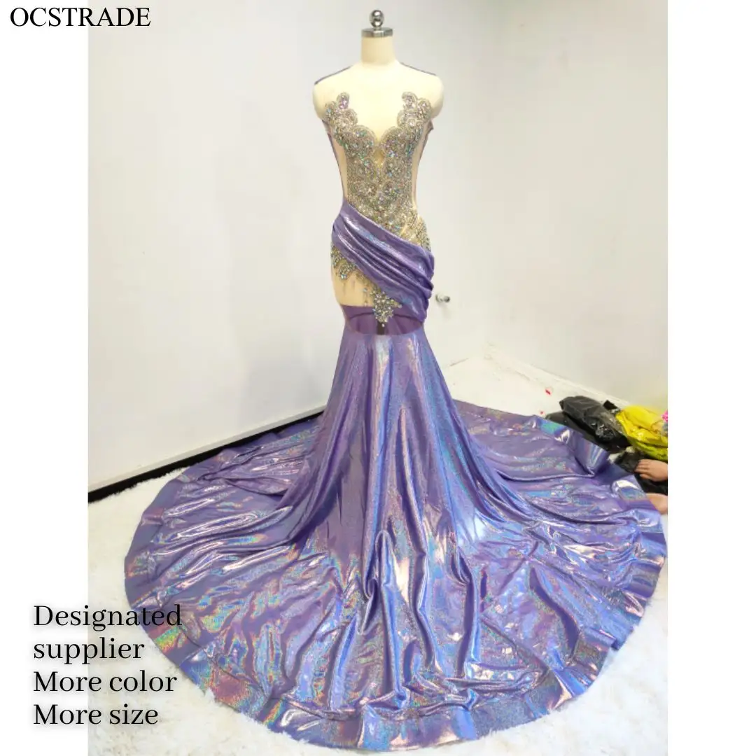 Ocstrade lấp lánh thanh lịch Bạc AB Rhinestone Tím Train prom Dresses 2024 mùa hè dài Maxi Dress phụ nữ Lady thanh lịch bóng gown
