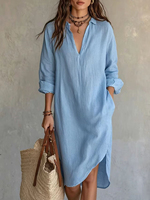 Robe chemise en lin unie avec col cranté, décolleté en V profond, manches retroussées, tenue décontractée pour femme, coupe ample, longueur genou