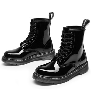 Black Patent Leather Ankle <b>Boots</b> Round Toe Lace-up Flat Heel Anti-Slippery Rubber Outsole All Seasons Solid Color Wholesale - Product Image 3