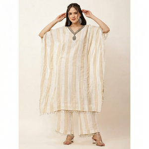 Elegant Womens Woven <b>Kaftan</b> Dress with Tassel Trim V Neck Short Sleeve Handmade Woven Empire <b>Kaftan</b> with Beads Pearl Work - Product Image 1