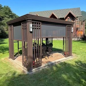 Estructura de aluminio marrón para exteriores con persianas, iluminación LED, cortinas de privacidad, diseño moderno, impermeable, resistente al viento, para jardín, patio, patio trasero - Product Image 3