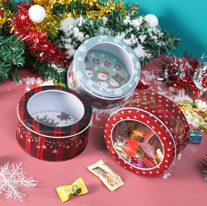 Round gift packaging vintage 8 inch christmas cookie cake tins can plate box with window tins for cookies christmas