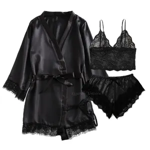 黑色性感女式睡衣缎子三件套蕾丝真丝吊带上衣短裤睡袍睡衣套装睡衣内衣睡裙套装