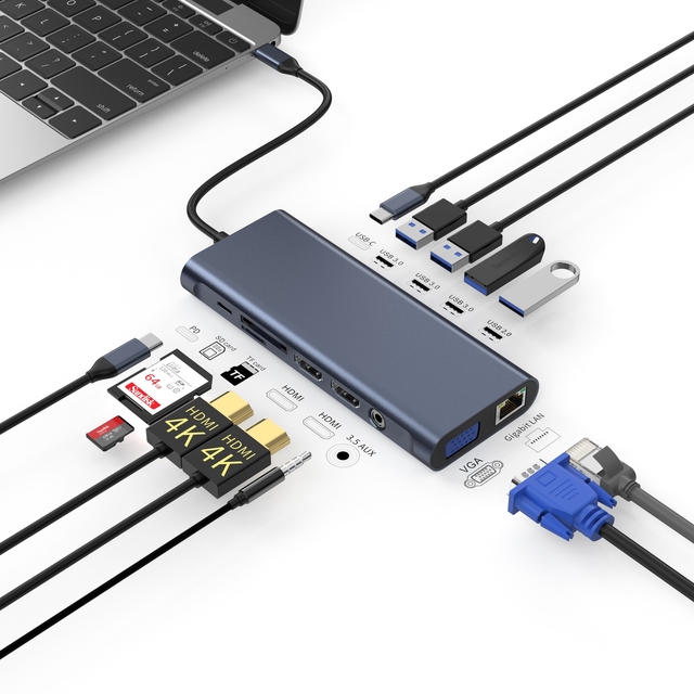 4K 30Hz 4 USB 3.0 Hub 3.5MM AUX 14 in 1 HUB USB C Multiport Adapter Hdtv 11 Port Dock Station for Laptop Splitter Multifunction