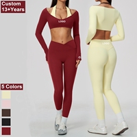 Sunquest Nouveau Ensemble 2 pièces pour femme : Haut court à manches longues superposé et Legging taille haute à découpe en V, pour le yoga, la gym et l'entraînement