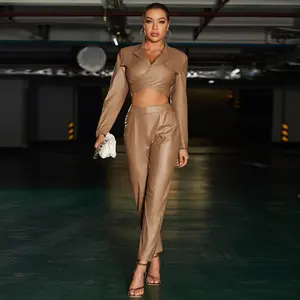 2023 New unique sexy ladies suit PU leather pants zipper feet leather pants v-neck crop top sexy leather two piece set for women