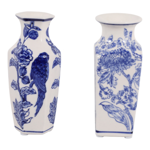 Vaso in ceramica Chinoiserie blu e bianco con disegno floreale e uccelli per decorare la casa, soggiorno e camera da letto - Product Image 1