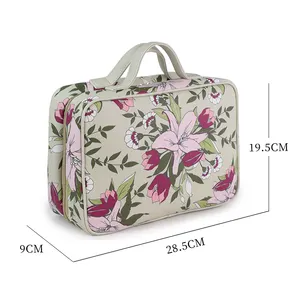 Customized Waterproof Travel Makeup Large Capacity 2023 Floral Print Woman Handle Leather Make Up Bag
