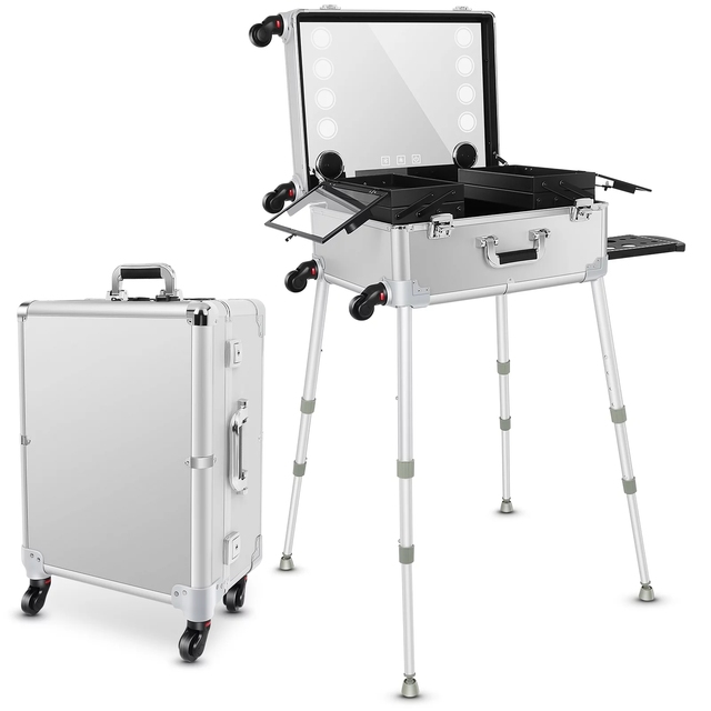 Silver Trolley Makeup Train Case With LED Light Professional 21'' Cosmetic Organizer Studio With Speakers Rolling Vanity Station