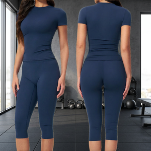 Ensemble de yoga 2 pièces uni pour femme 2026 – Haut à manches courtes en nylon/spandex doux, sans couture, respirant et à séchage rapide, avec taille haute élastique - Product Image 3