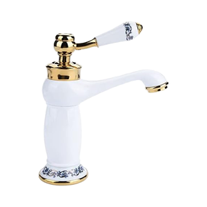 Grifo de cerámica de cuello largo de latón antiguo, grifo mezclador Vintage de porcelana azul/blanca con montaje de un solo orificio para lavabo de baño - Product Image 1