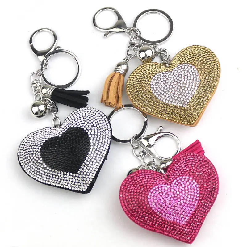 Women Girls Rhinestones Peach Heart Shape Pendant Keychain Tassel Key Rings Fashion Bags Key Accessories