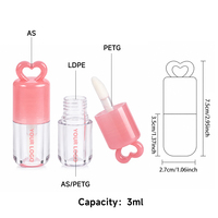 Tube de brillant à lèvres mini 3 ml en forme de cœur avec logo personnalisé, flacon vide en plastique pour gloss, emballage de blush liquide avec grand applicateur