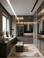 Système de dressing sur mesure avec porte en verre et éclairage LED, armoire modulaire de luxe pour chambre principale
