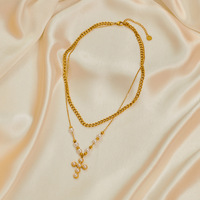Femme véritable plaqué or perle pendentifs bijoux de mode colliers en acier inoxydable multi-couches croix 18k or pendentif collier