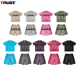 ชุดเสื้อผ้าลำลอง2ชิ้นสำหรับผู้ชายชุดเสื้อยืดวินเทจผ้าฝ้าย100% ซักกรดซักเสื้อผ้าแนวสตรีทแบบถักกางเกงขาสั้นสำหรับฤดูร้อน - Product Image 1
