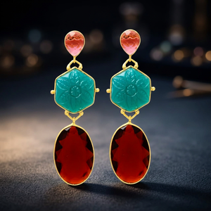 Nuevos Pendientes Colgantes de Granate y Turquesa de Jaipur Gems Jewelry, Chapados en Oro, Aleación de Metal Precioso, Estilo Étnico para Compromiso - Product Image 3