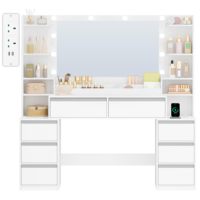Miroir de coiffeuse avec 10 lumières LED réglables 3 couleurs, support de sèche-cheveux, 8 tiroirs, éclairage dimmable et écologique