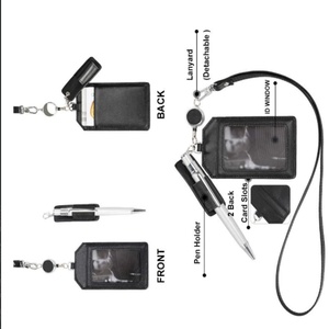 High Quality Genuine Leather Retractable <b>ID</b> Work Badge <b>Holder</b> With Pen <b>Holder</b> - Product Image 2