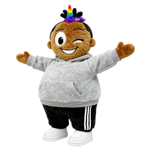 Peluche de Personaje de Dibujos Animados con Cuerno de Unicornio Arcoíris, Sudadera con Capucha Gris, Pantalones Deportivos Negros, Zapatillas Blancas, Cara Sonriendo - Product Image 1