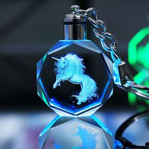 Photo Etched LED Crystal Keychain Unicorn Crystal <b>Key</b> Chain 3D Illuminating Keyring - Product Image 1