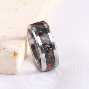 Men's 8mm Carbon Fiber <b>Tungsten</b> Steel Ring Geometric Design Red Inlay Fashion Jewelry Gift - Product Image 3