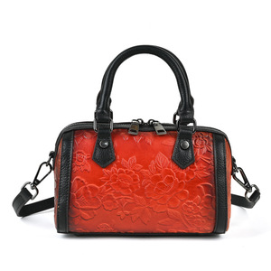 Ando <b>Bag</b> <b>Small</b> Floral Embossed Leather <b>Shoulder</b> <b>Bag</b> Women Red Cowhide Mini Handbag with Top Handles - Product Image 1