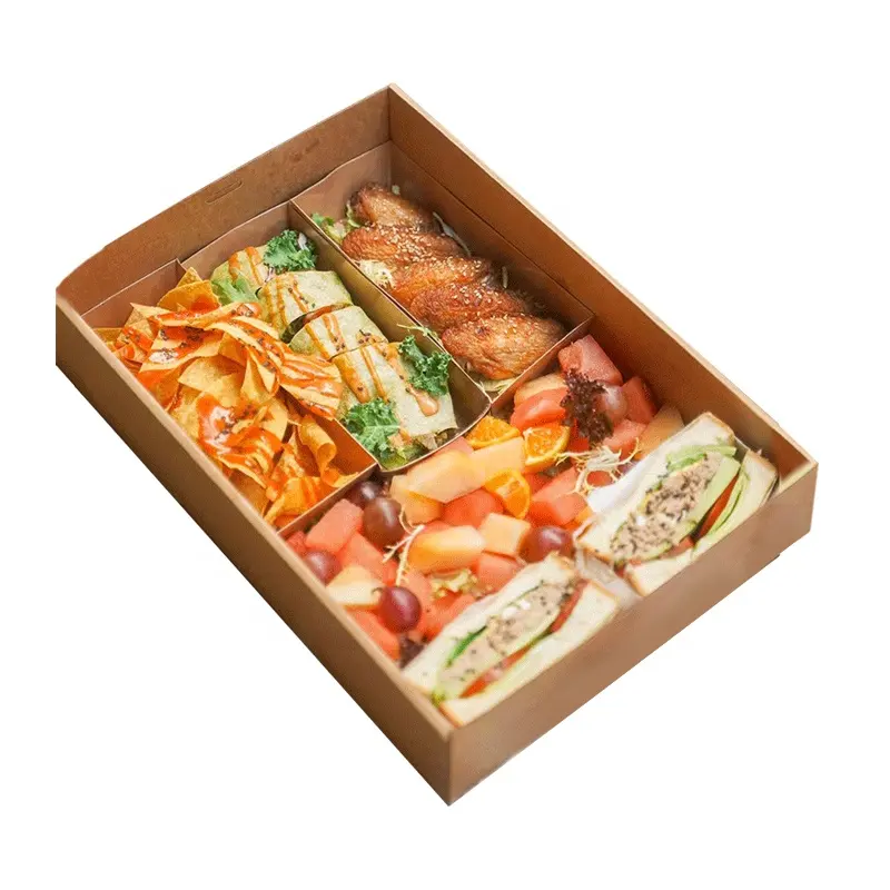 Boîte alimentaire en papier kraft brun de sécurité personnalisée Boîte fenêtre en papier résistant aux fuites de graisse avec grille séparée Contenants alimentaires à emporter