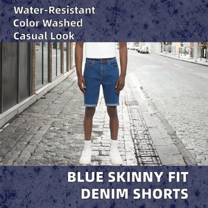 Shorts décontractés bleus en denim coupe mi-skinny, 28% polyester, 70% coton, 2% élasthanne, ourlet retroussé, passants de ceinture, broderie, séchage rapide - Product Image 3