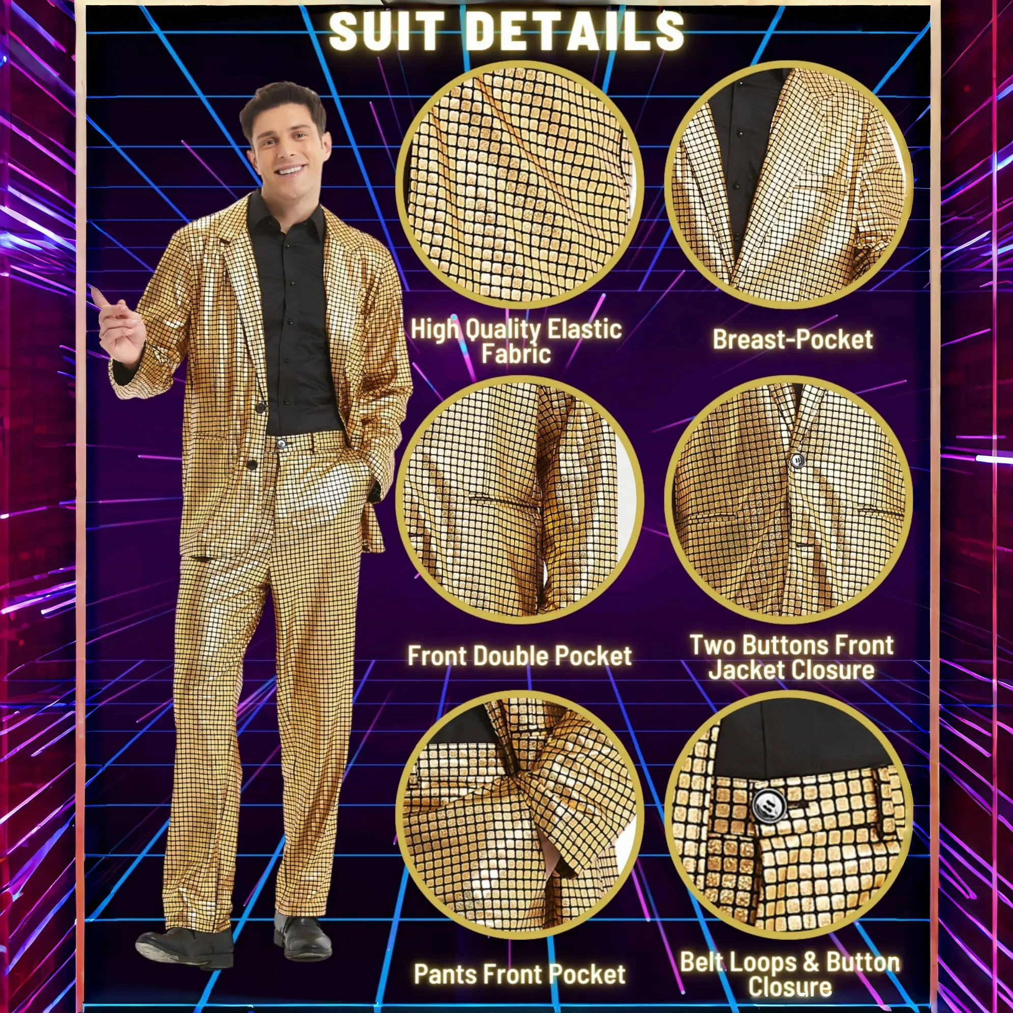 Người đàn ông của Vàng Laser sequin phù hợp với người lớn Halloween bên sinh nhật ăn mặc áo khoác quần Disco prom phù hợp với cảm hứng của TV & Movies