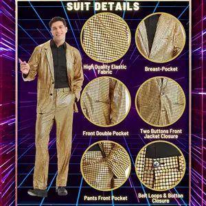 Setelan payet Laser emas pria, pakaian dewasa pesta Halloween berdandan celana panjang, setelan PROM disko terinspirasi oleh TV & Film