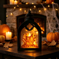 Lanterne citrouille rétro d'Halloween, veilleuse en plastique et verre imprimée offset – Accessoire lumineux portable pour l'aménagement de fêtes, accent de présentation sur étagère, thème hanté