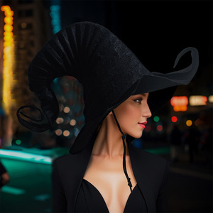 Sombrero de bruja plisado negro de talla única con cordón, accesorio para disfraz de Halloween - Product Image 4