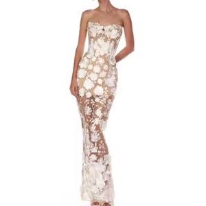 Nouvelle robe de soirée pour femme, design automne, haute qualité, sexy, sans bretelles, vintage, avec broderie florale, maxi, en dentelle - Product Image 6